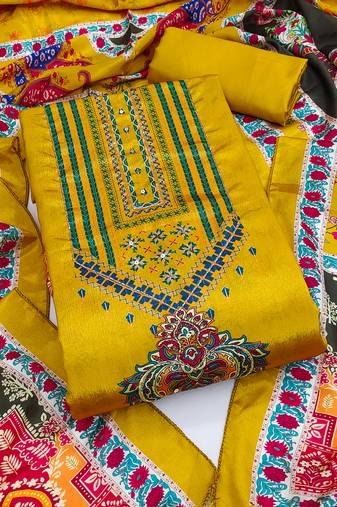 Women's yellow unstitched digital print & fancy border chinnon dress material (rnx5046ylw)