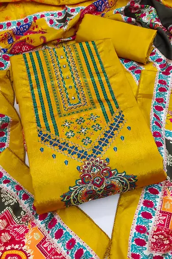 Women's yellow unstitched digital print & fancy border chinnon dress material (rnx5046ylw)