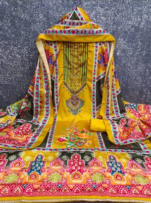 Women's yellow digital print & fancy border chinnon dress material 2