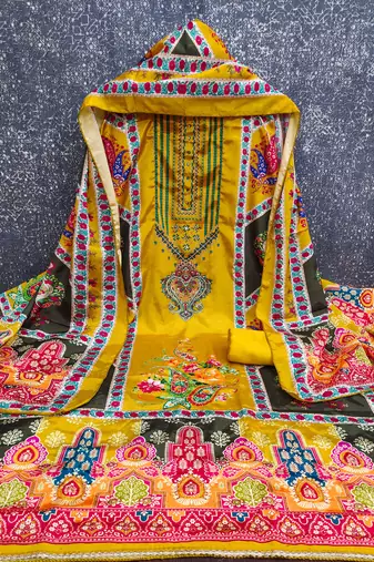 Women's yellow digital print & fancy border chinnon dress material