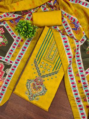 Women's yellow digital print & fancy border chinnon dress material 3