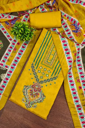 Women's yellow digital print & fancy border chinnon dress material
