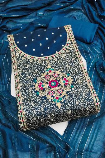 Women's blue unstitched weaving thread sequence embroidery modal butti jacquard dress material (rnx5047blu)