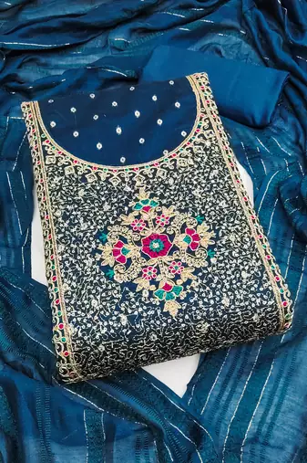 Women's blue unstitched weaving thread sequence embroidery modal butti jacquard dress material (rnx5047blu)