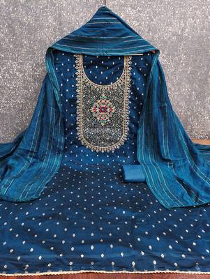 Women's blue weaving thread sequence embroidery modal butti jacquard dress material 2