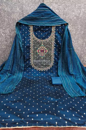Women's blue weaving thread sequence embroidery modal butti jacquard dress material