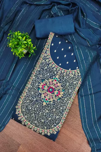 Women's blue weaving thread sequence embroidery modal butti jacquard dress material