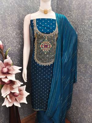 Women's blue weaving thread sequence embroidery modal butti jacquard dress material 4