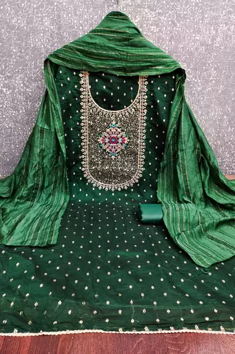 Women's green weaving thread sequence embroidery modal butti jacquard dress material