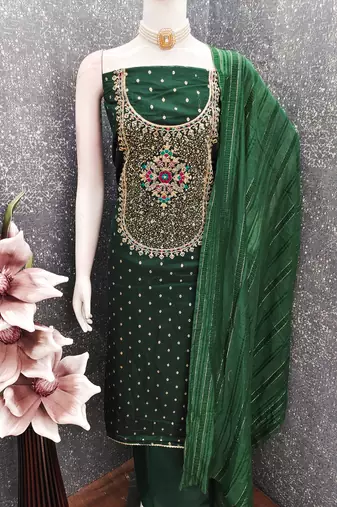 Women's green weaving thread sequence embroidery modal butti jacquard dress material