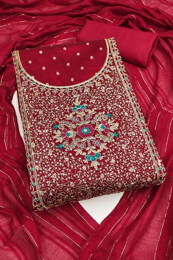 Women's maroon unstitched weaving thread sequence embroidery modal butti jacquard dress material (rnx5047mrn)