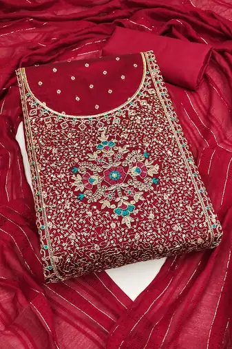 Women's maroon unstitched weaving thread sequence embroidery modal butti jacquard dress material (rnx5047mrn)