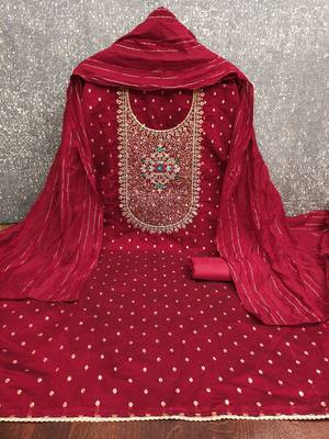 Women's maroon weaving thread sequence embroidery modal butti jacquard dress material 2