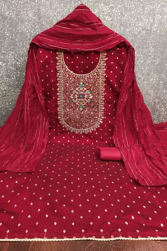 Women's maroon weaving thread sequence embroidery modal butti jacquard dress material