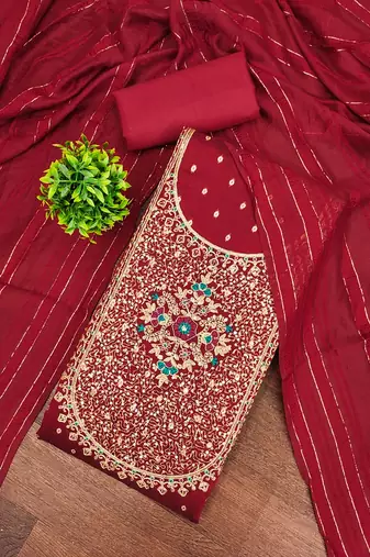 Women's maroon weaving thread sequence embroidery modal butti jacquard dress material