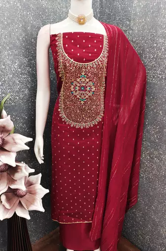 Women's maroon weaving thread sequence embroidery modal butti jacquard dress material