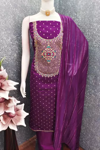 Women's purple weaving thread sequence embroidery modal butti jacquard dress material