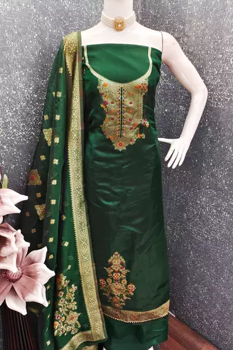 Women's green weaving & fancy border organza jacquard dress material