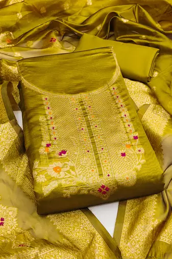 Women's mehandi unstitched weaving and fancy border organza jacquard dress material (rnx5048mhd)