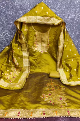 Women's mehandi weaving and fancy border organza jacquard dress material