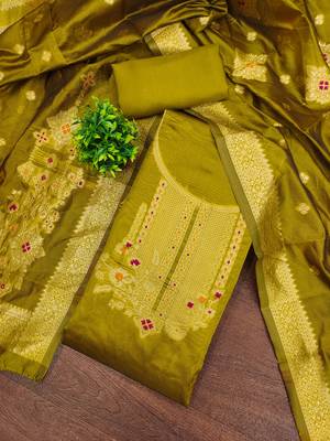 Women's mehandi weaving and fancy border organza jacquard dress material 3
