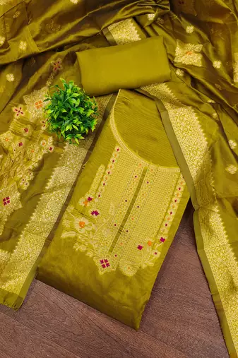 Women's mehandi weaving and fancy border organza jacquard dress material