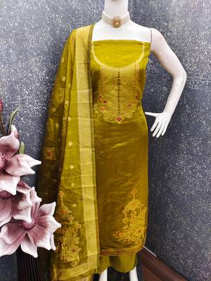 Women's mehandi weaving and fancy border organza jacquard dress material 4
