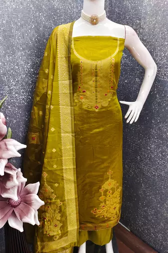 Women's mehandi weaving and fancy border organza jacquard dress material
