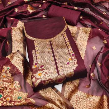 Women's maroon weaving and fancy border organza jacquard dress material 1