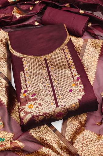 Women's maroon unstitched weaving and fancy border organza jacquard dress material (rnx5048mrn)