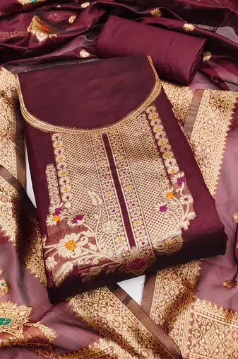 Women's maroon unstitched weaving and fancy border organza jacquard dress material (rnx5048mrn)