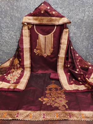 Women's maroon weaving and fancy border organza jacquard dress material 2