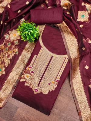 Women's maroon weaving and fancy border organza jacquard dress material 3