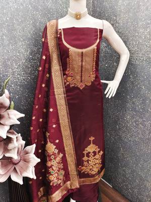 Women's maroon weaving and fancy border organza jacquard dress material 4