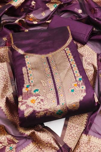 Women's purple unstitched weaving and fancy border organza jacquard dress material (rnx5048ppl)