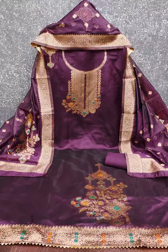 Women's purple weaving and fancy border organza jacquard dress material