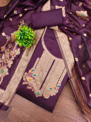 Women's purple weaving and fancy border organza jacquard dress material 3