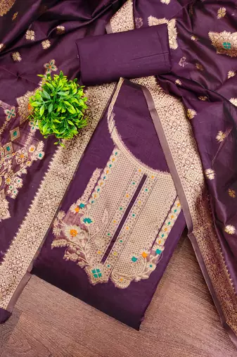 Women's purple weaving and fancy border organza jacquard dress material