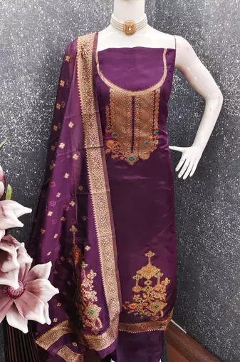 Women's purple weaving and fancy border organza jacquard dress material