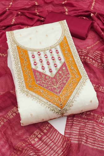 Women's white unstitched weaving thread sequence embroidery modal butti jacquard dress material (rnx5049mrn)