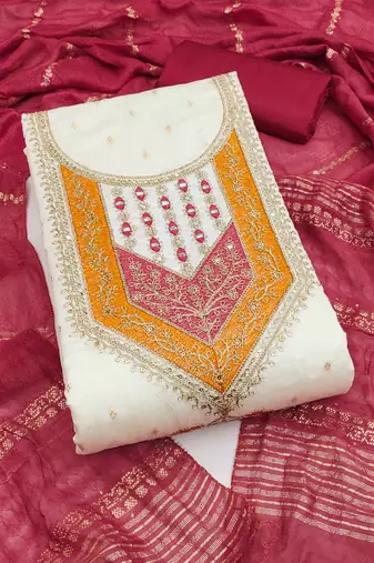 Women's white unstitched weaving thread sequence embroidery modal butti jacquard dress material (rnx5049mrn)
