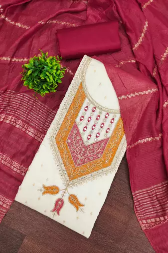 Women's white weaving thread sequence embroidery modal butti jacquard dress material