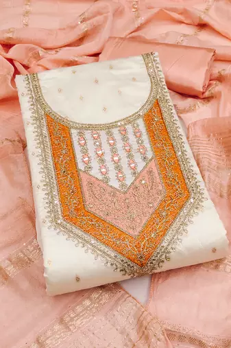 Women's white unstitched weaving thread sequence embroidery modal butti jacquard dress material (rnx5049pch)