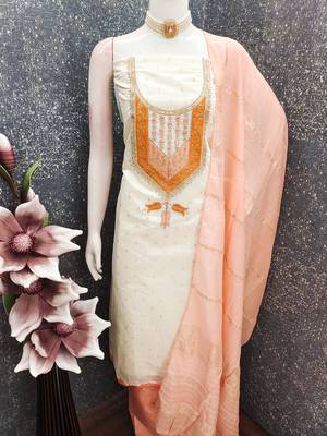 Women's white weaving thread sequence embroidery modal butti jacquard dress material 4