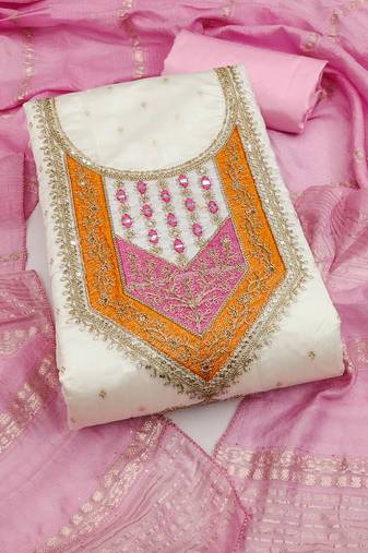 Women's white unstitched weaving thread sequence embroidery modal butti jacquard dress material (rnx5049pnk)