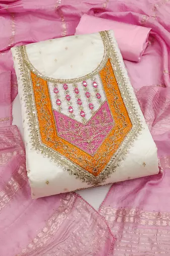 Women's white unstitched weaving thread sequence embroidery modal butti jacquard dress material (rnx5049pnk)