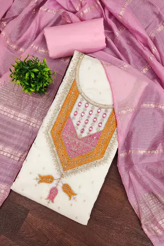 Women's white weaving thread sequence embroidery modal butti jacquard dress material