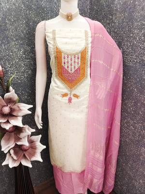 Women's white weaving thread sequence embroidery modal butti jacquard dress material 4