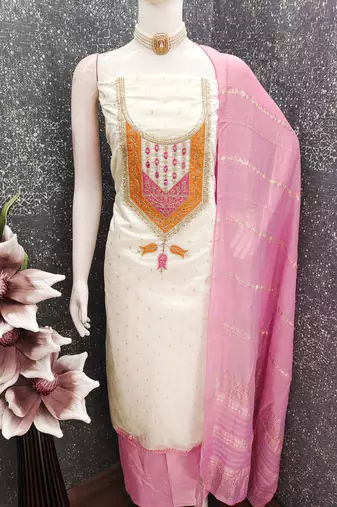 Women's white weaving thread sequence embroidery modal butti jacquard dress material