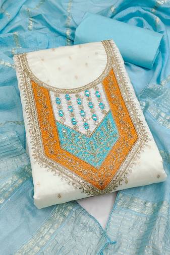 Women's white unstitched weaving thread sequence embroidery modal butti jacquard dress material (rnx5049sbl)